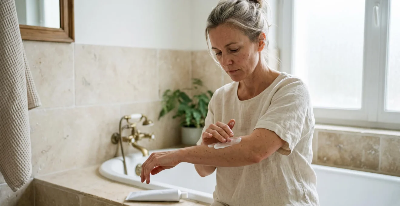 Une femme applique une crème hydratante sur son avant-bras dans une salle de bain lumineuse.