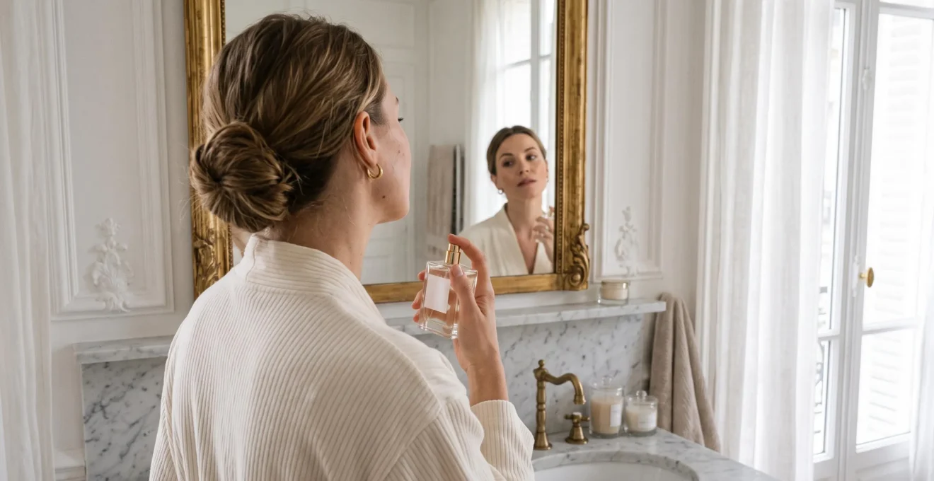 Une femme vaporise du parfum sur son cou devant un miroir dans une salle de bain lumineuse.