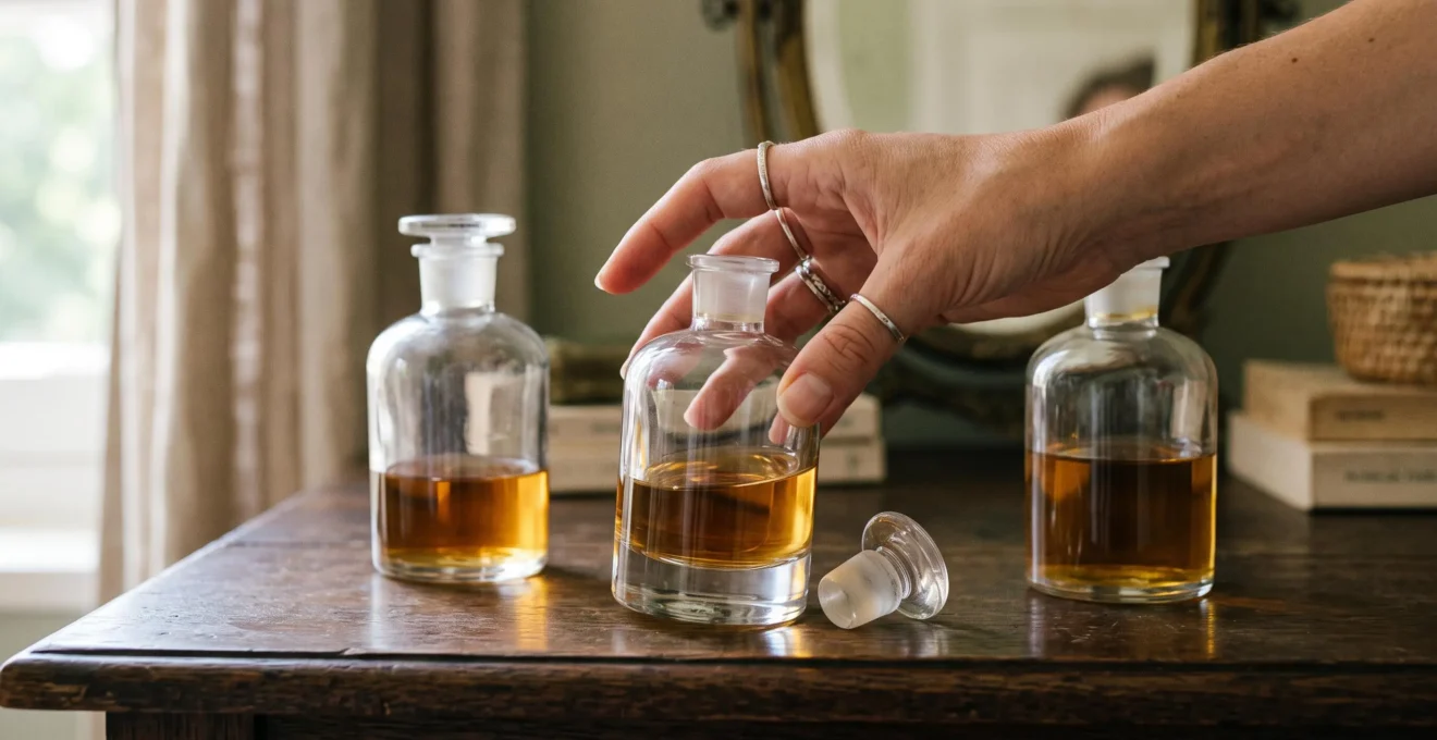 Trois flacons de parfum de concentrations différentes posés sur une coiffeuse en bois, une main tenant l'un d'eux.